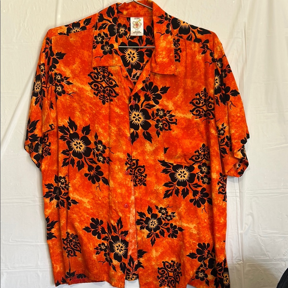 ALOHA Collection Orange Black Floral Casual Shirt